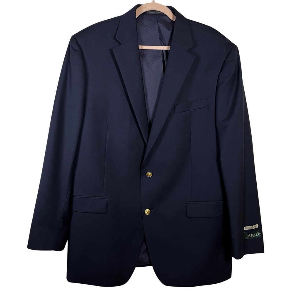 Lauren Ralph Lauren Navy‎ Blue Total Comfort Blazer 43L Gold Buttons Sport Coat